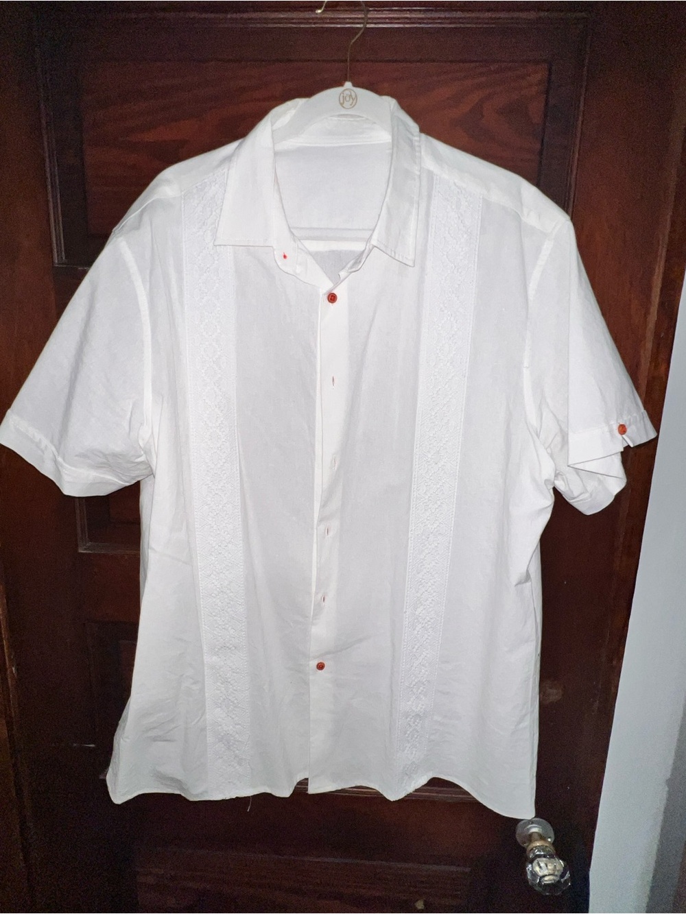 Men's White Short-Sleeve Embroidered Guayabera-Style Shirt